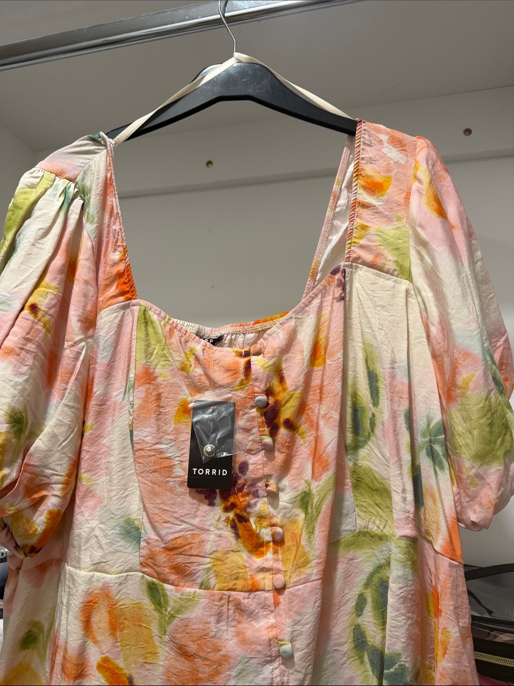 torrid Pink Watercolor Square-Neck Button Dress with Orange & Green Accents